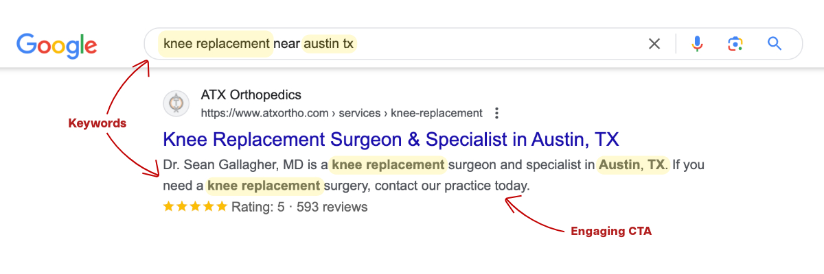 meta description example knee surgery SERP 1