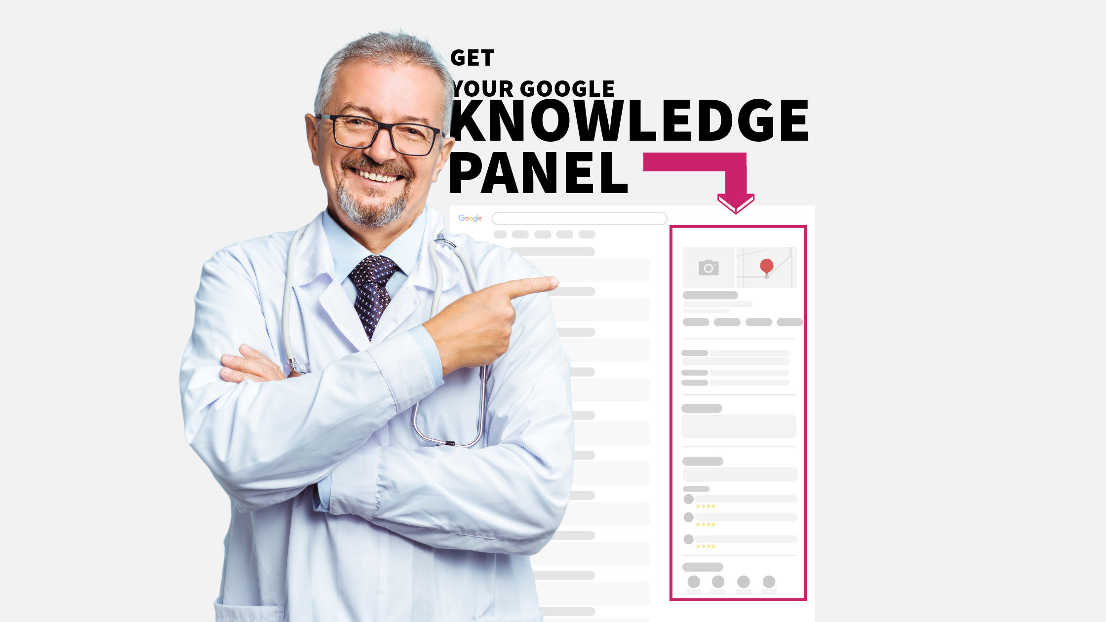 Doctor pointing at graphic of Google Knowledge Panel