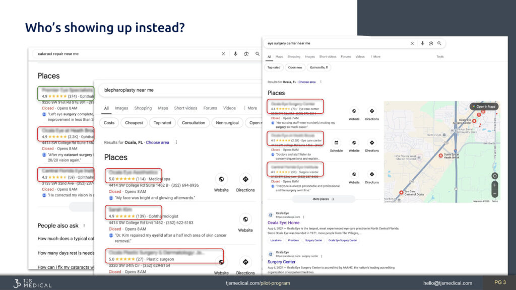 Screenshot collage of Google search results for terms like “cataract repair near me,” “blepharoplasty near me,” and “eye surgery center near me” in Ocala, FL. The images highlight local map pack listings with reviews and ratings for competing providers. Several listings are outlined in red to emphasize the dominant presence of national directories, plastic surgery clinics, and large eye care groups instead of the target ASC. A map of Ocala with pin markers shows facility locations.