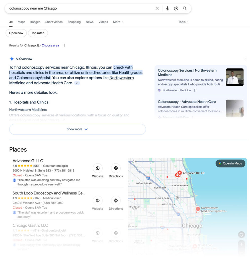 Screenshot of a Google search results page for “colonoscopy near me Chicago.” The AI Overview box highlights suggestions to use hospitals, directories like Healthgrades, and providers such as Northwestern Medicine and Advocate Health Care. Below, the map pack displays local GI providers with ratings and reviews, including Advanced GI LLC and South Loop Endoscopy. A small map of Chicago appears on the right, pinpointing clinic locations across the city.